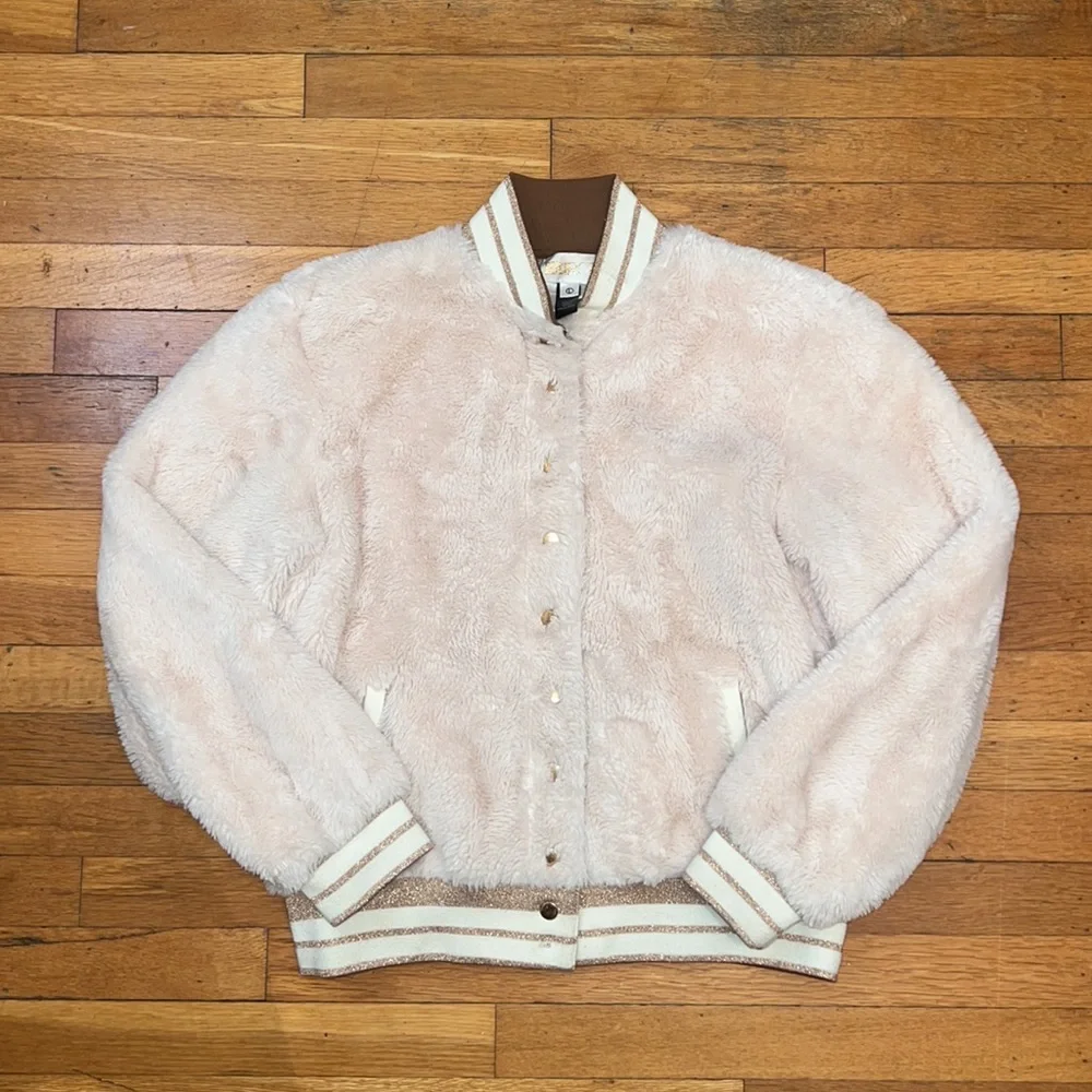 Beach Riot Baseball Stripe Faux Fur Bomber Jacket, size Large